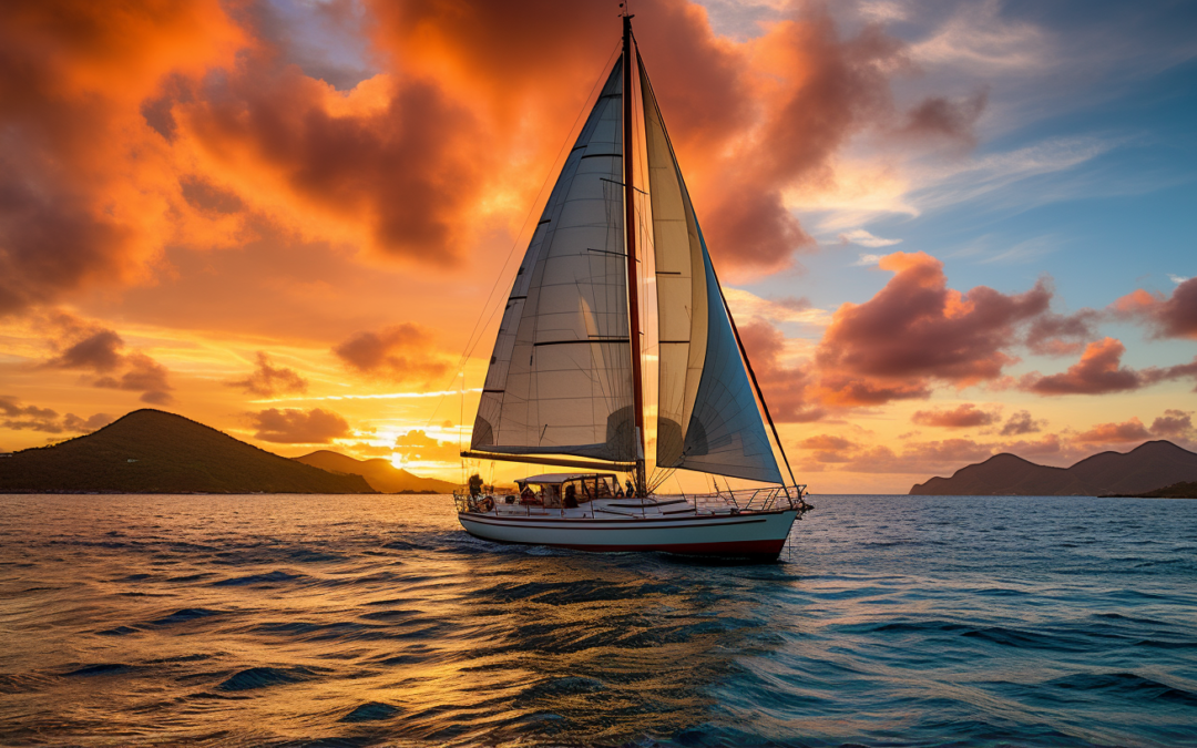 A Sunset Image of a yacht. Dramatic lighting used to help sell a Caribbean yacht.