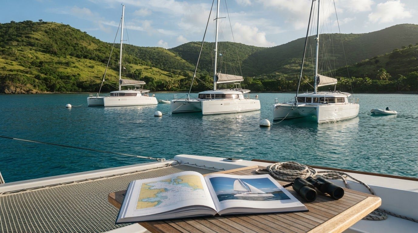 Three cruising catamarans on moorings in a sheltered Caribbean bay