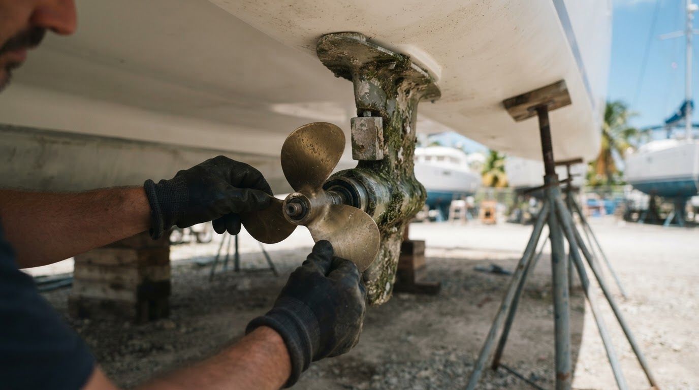 Rigger inspecting the saildrive and folding propeller under a hauled catamaran hull in a Caribbean boatyard