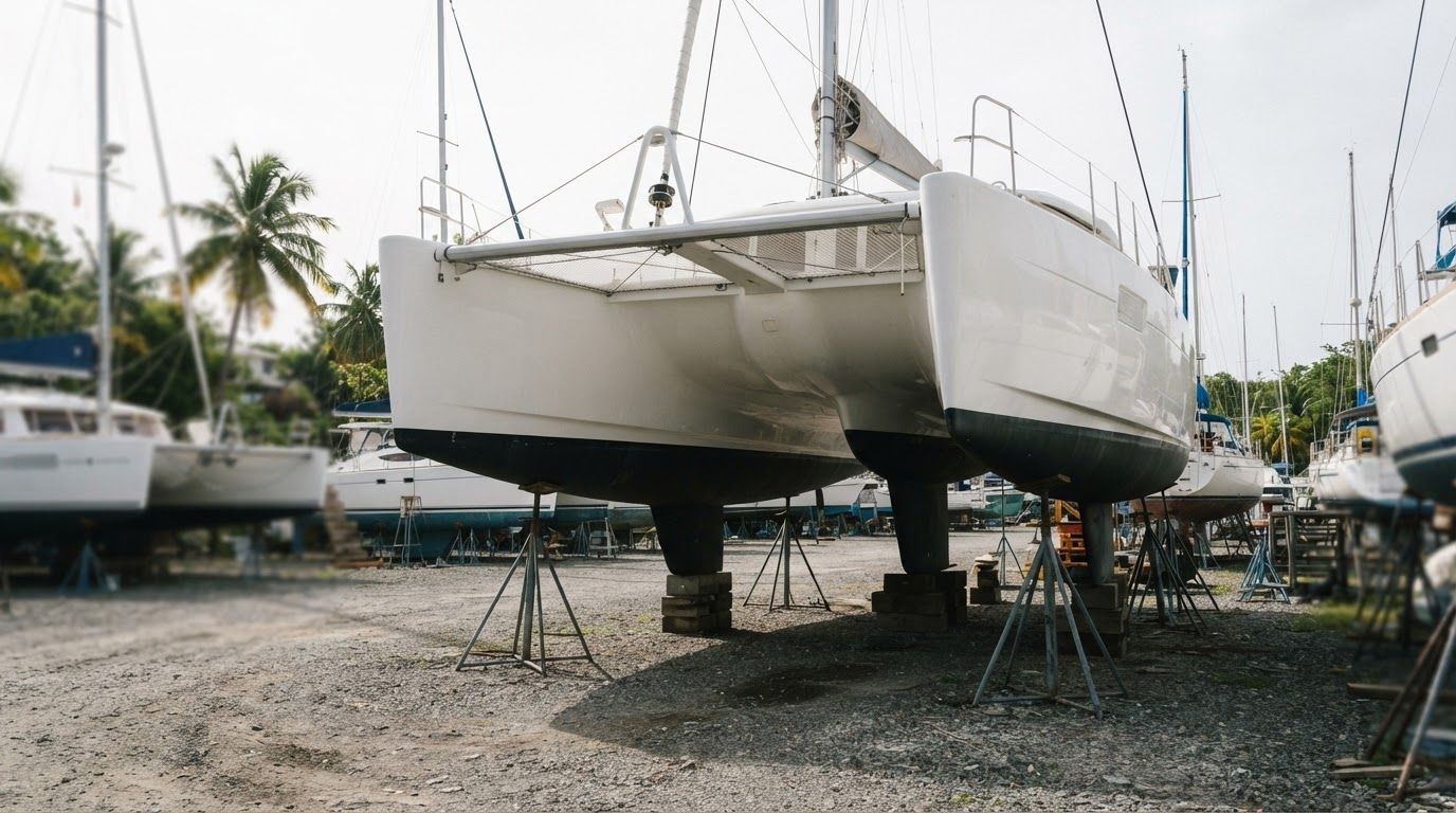 A cruising catamaran hauled out on stands in a Caribbean boatyard, showing both hulls, the mini-keels and the clearance beneath the bridgedeck