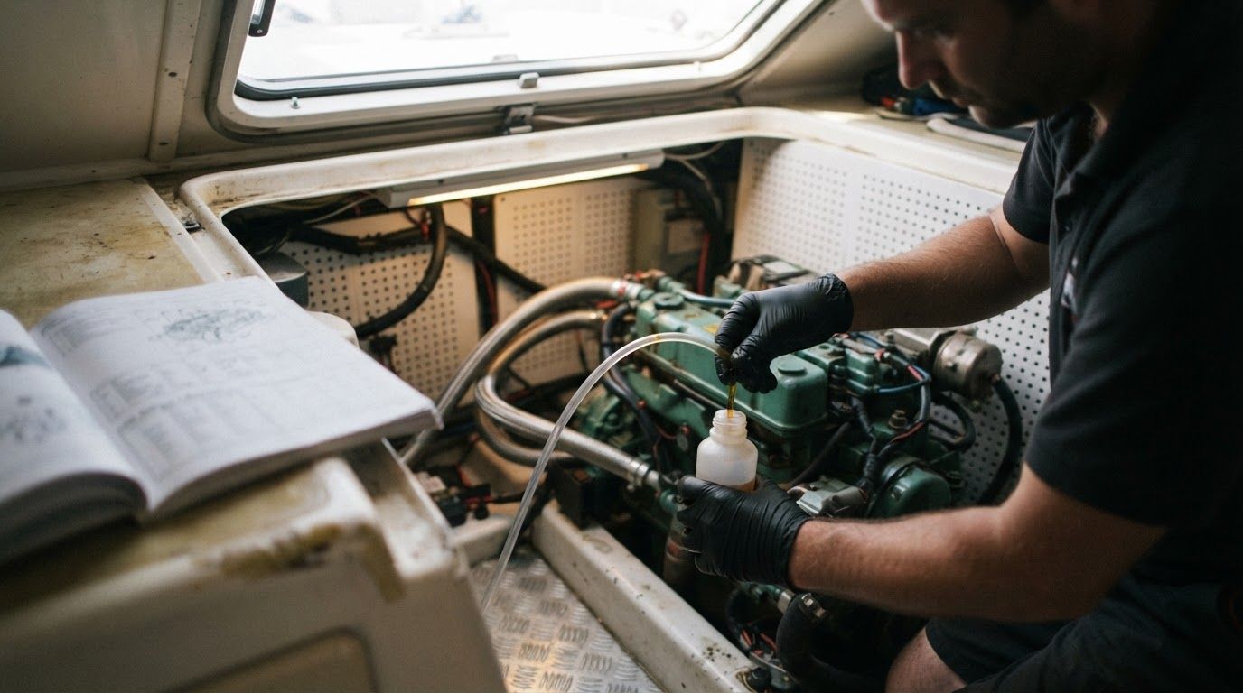An oil sample being drawn from a marine diesel engine for laboratory analysis during a pre-purchase inspection