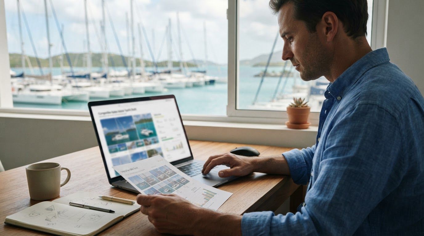 A yacht listing page open on a laptop beside a printed comparable-sales sheet in a marina brokerage office