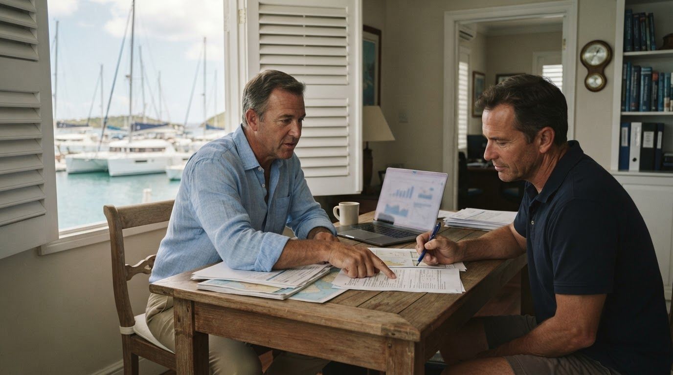 Yacht broker and buyer reviewing a closing statement and vessel documents in a Caribbean brokerage office