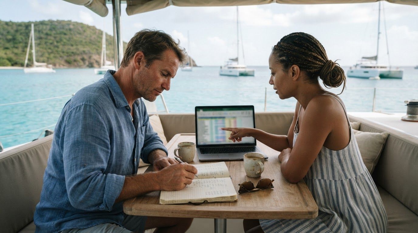 A couple working through a monthly budget at the cockpit table of a catamaran at anchor