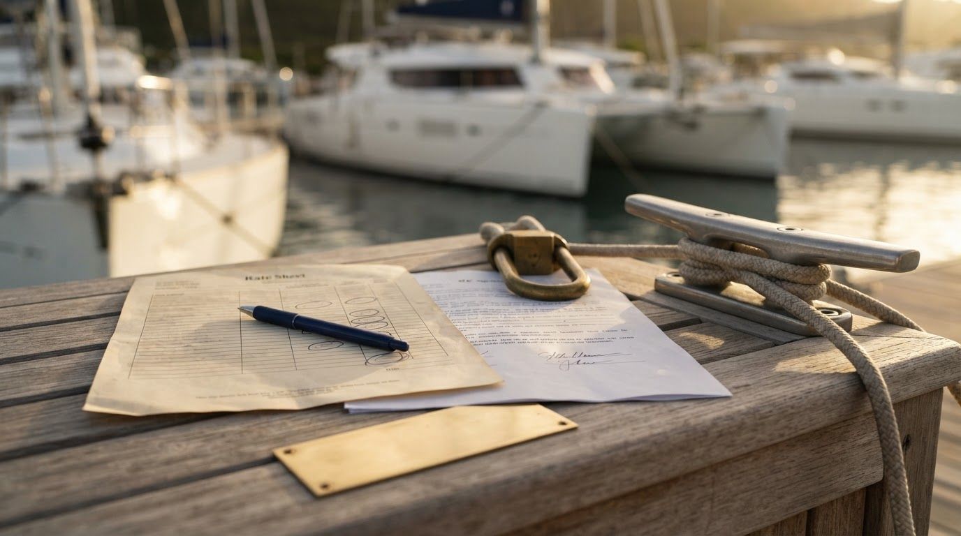 Printed marina dockage rate card and slip agreement on a dock box with per-foot rates circled