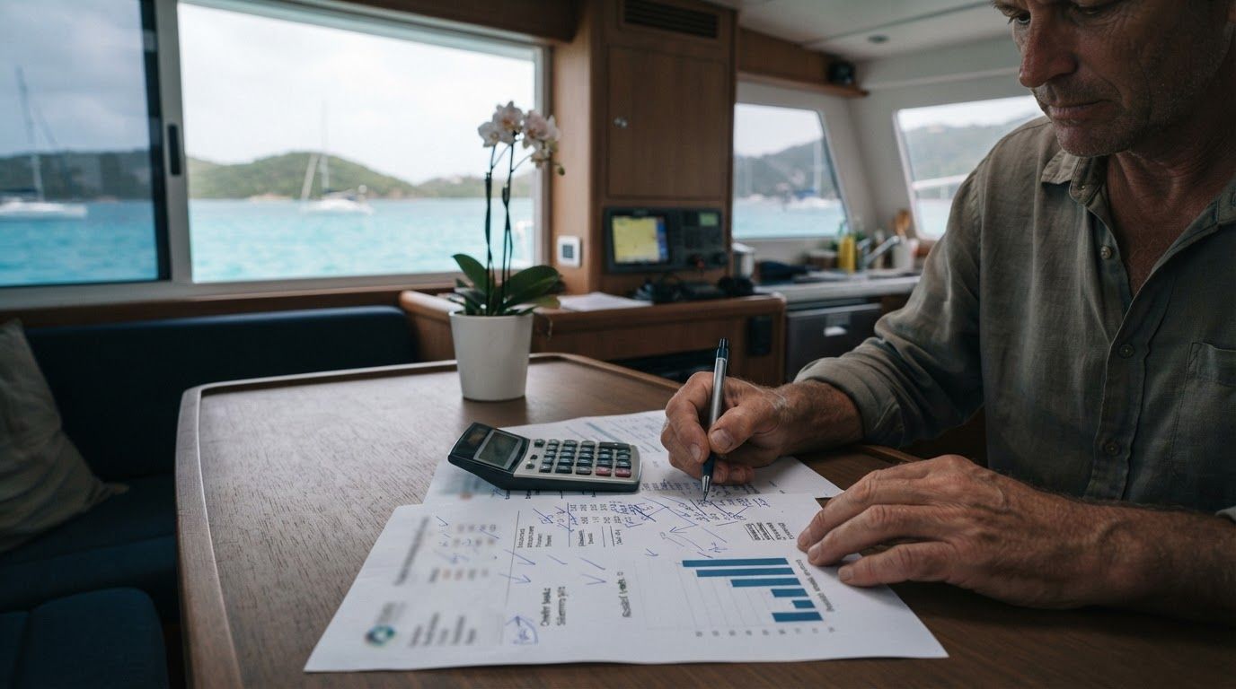 A charter management revenue statement annotated by hand beside a calculator on a catamaran saloon table