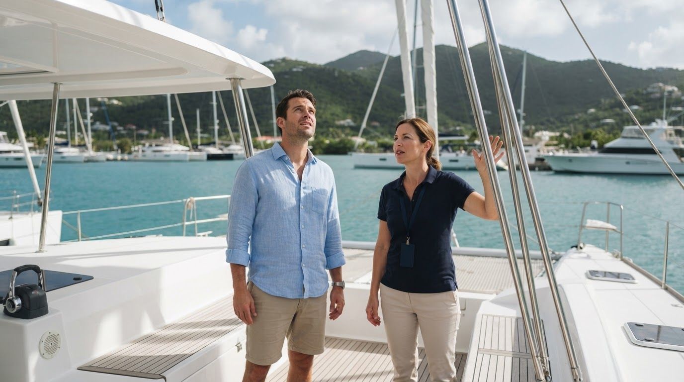 A buyer and a yacht broker in the cockpit of a used catamaran discussing its rigging at a Caribbean marina