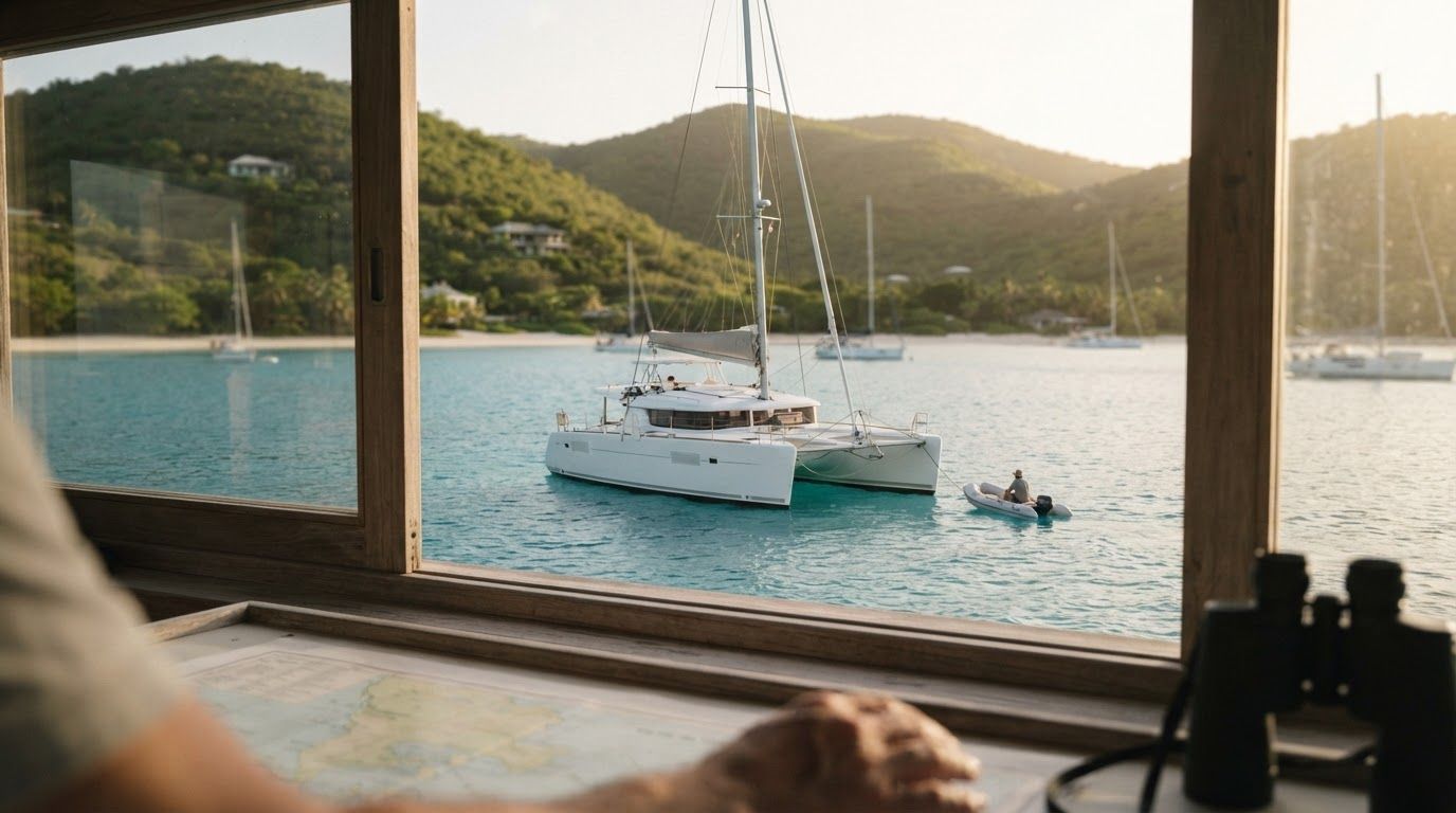 A 45-foot sailing catamaran at anchor in a turquoise British Virgin Islands bay