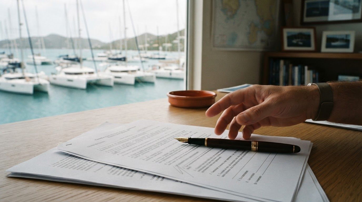A fountain pen resting on a multi-page vessel purchase contract in a harbourside brokerage office