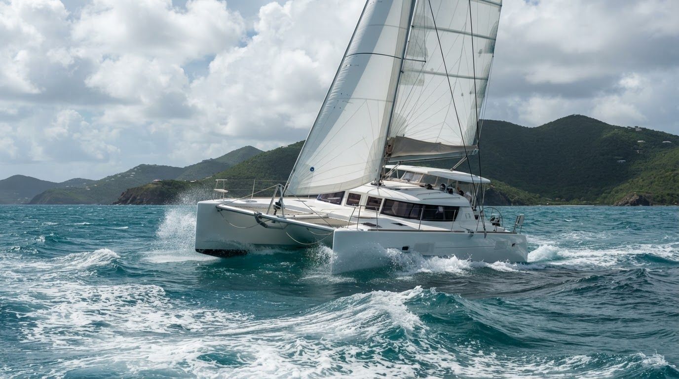 A white cruising catamaran sailing upwind through choppy turquoise water between green Caribbean islands