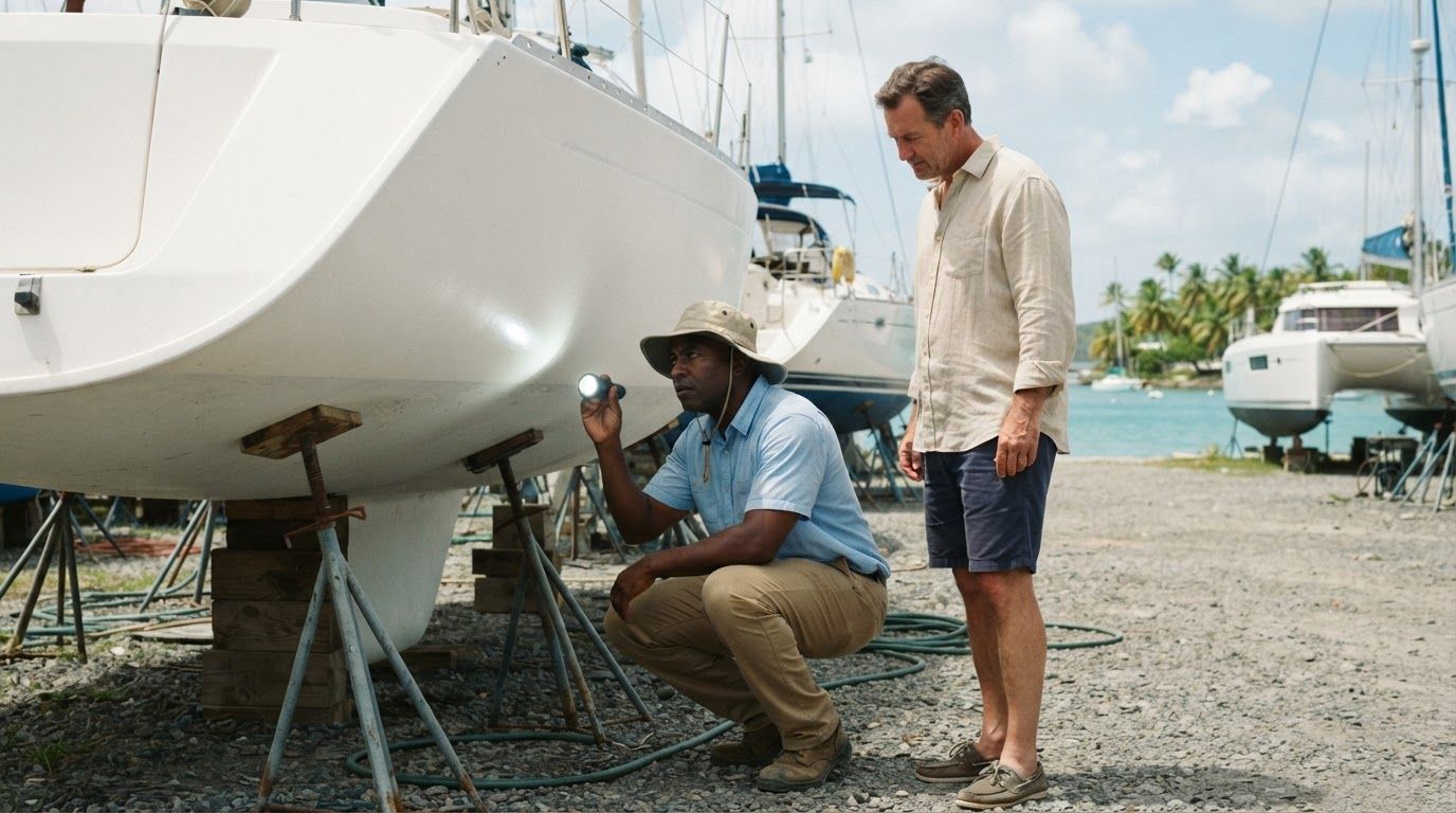 Marine surveyor inspecting the transom of a hauled-out sailboat in a Caribbean boatyard while a buyer looks on